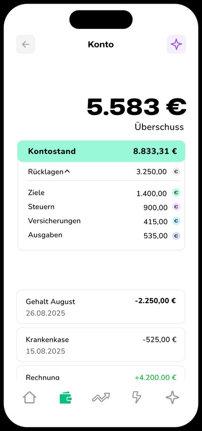 ClearUp App Übersicht mit verschiedenen Funktionen